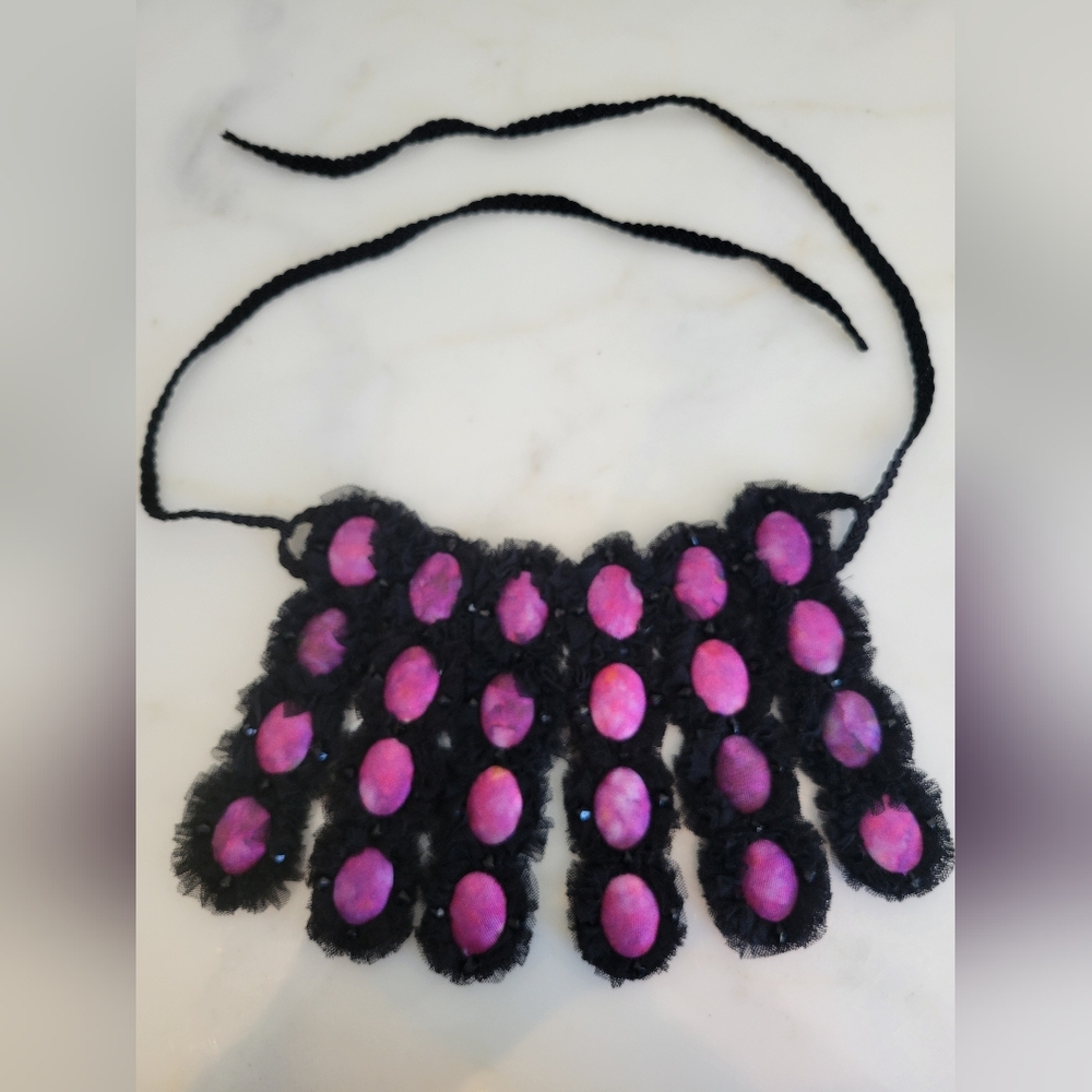 Joanna Mastroianni Statement Runway Bib Necklace Black Fuchsia Fabric Tie Closur